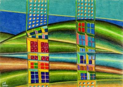 "landscape with windows" - coloured pencil - Drawing by Juliane Drzymalla, an artist from Hawke's Bay, New Zealand.